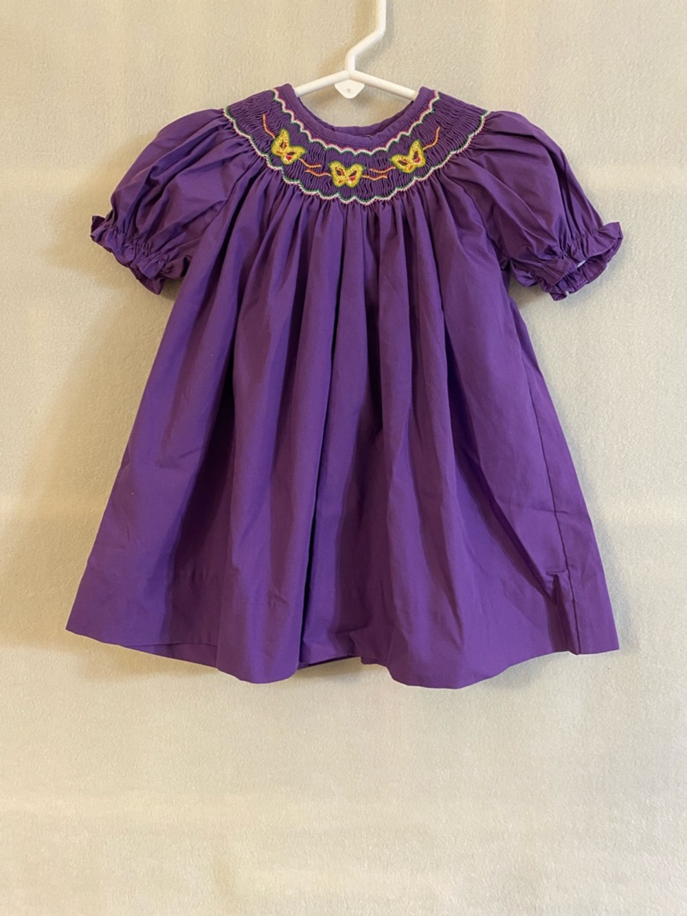 Simply Smock purple cotton blend butterfly Mardi Gras masks smocked dress